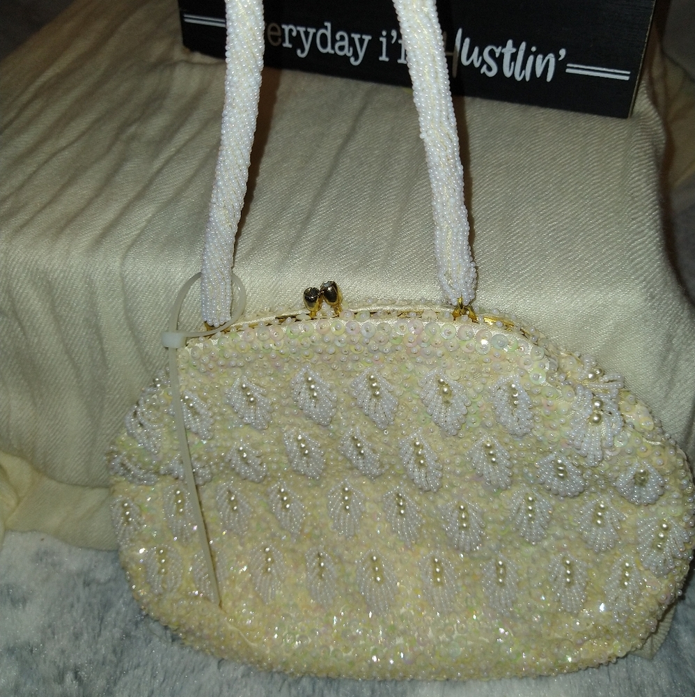 White pearl and sequin evening bag